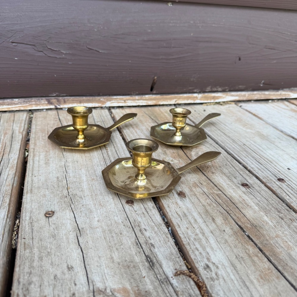 Vintage Brass Handleβ Candle Holder Set of 3 Octagon Base Gold Chambersticks
